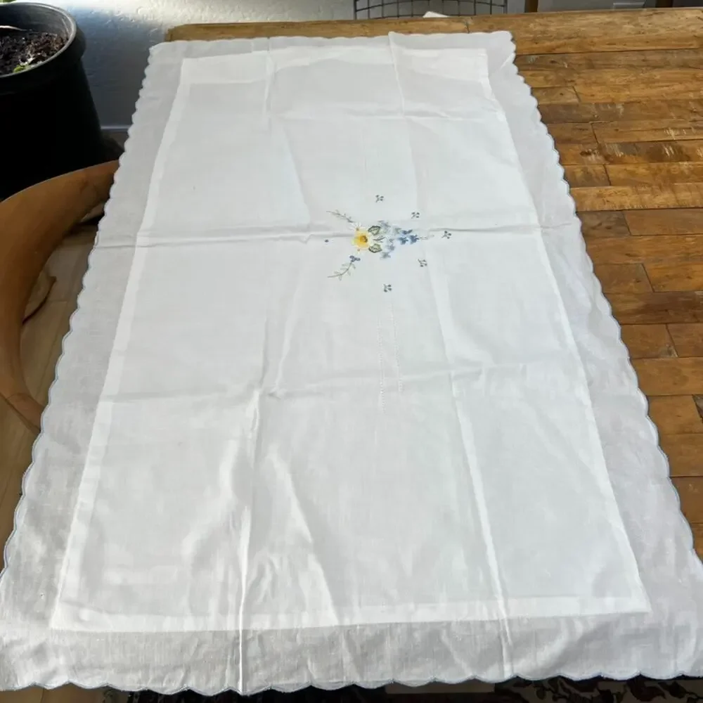 Pillow Sham White Scalloped Edge Embroidered Flowers Cotton Cottage Romant
